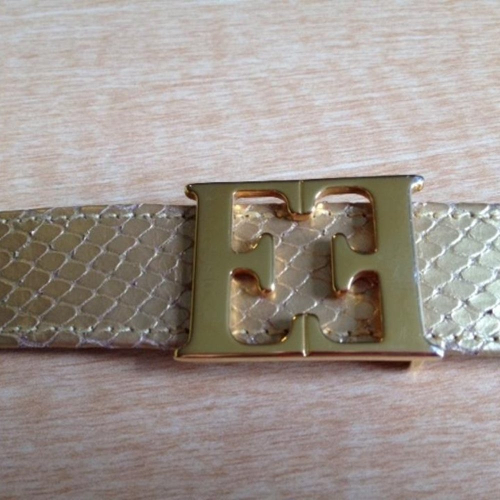 ESCADA Gold Reptile Embossed Leather Belt With Double "E" Gold-tone Logo Buckle - Picture 4 of 7
